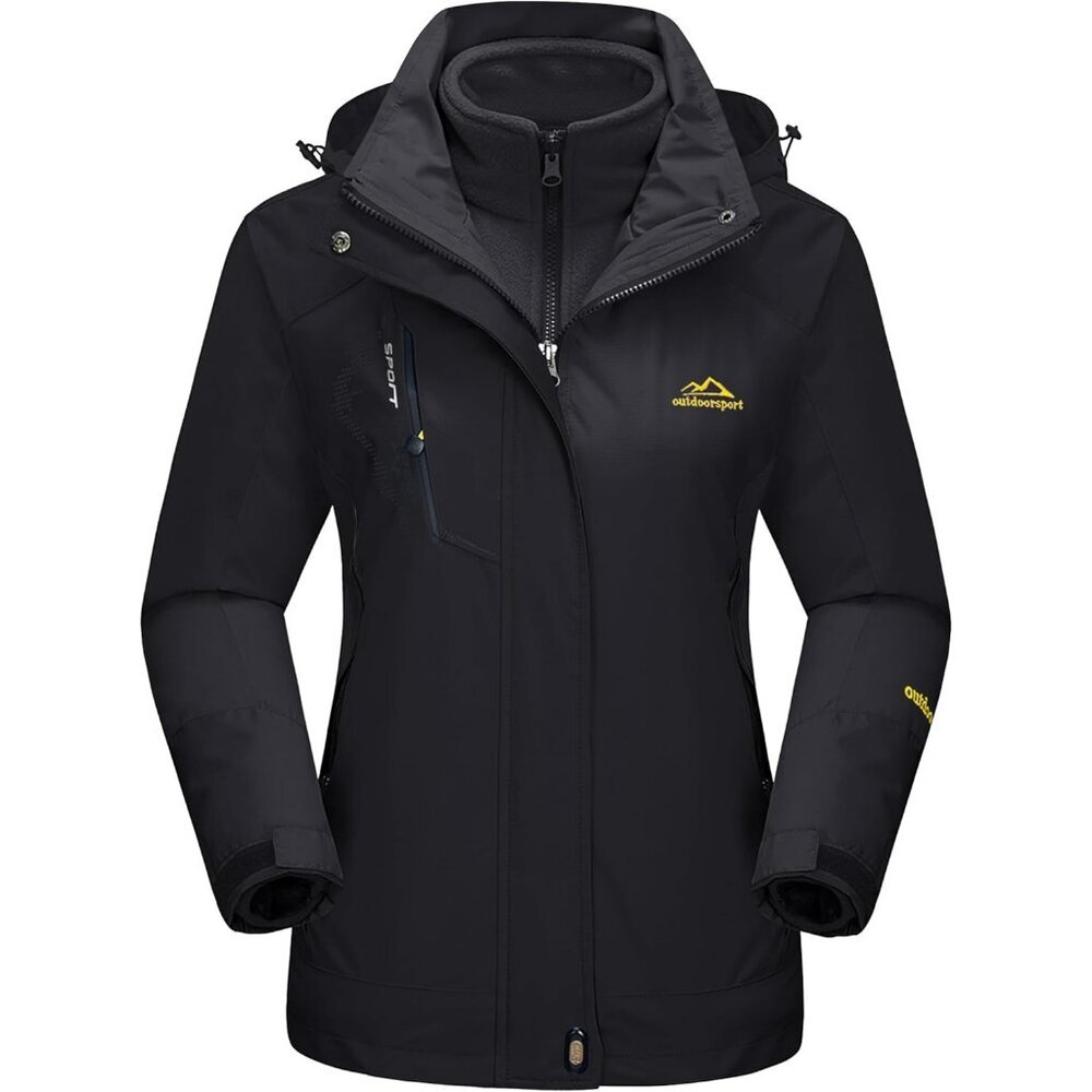 Women's Pure Black Winter Winter Snow Ski Jacket Coats Waterproof Fleece Lined